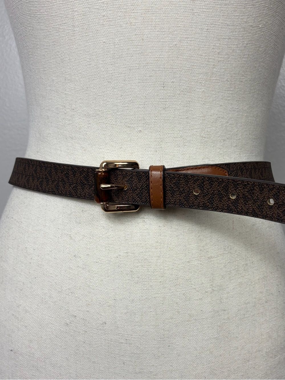 Michael Kors brown Monogram Belt with Gold tone & tortoise shell Buckle sz L